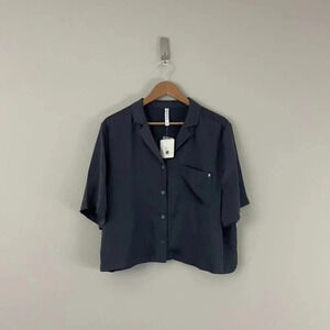 Fabletics Sleep Button Down Satin Top in Pewter Gray Size XXL